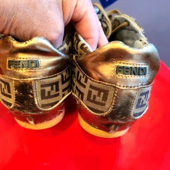 Fendi Metallic Gold and Brown Logo Sneakers - Picture 5 of 8